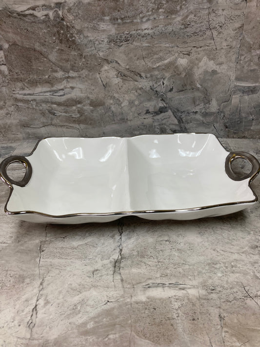 2 sections Serving dish tray plate fruits pastry food ,ceramic with silver rim.