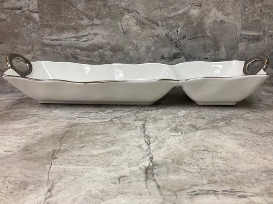 2 sections Serving dish tray plate fruits pastry food ,ceramic with silver rim rectangular.