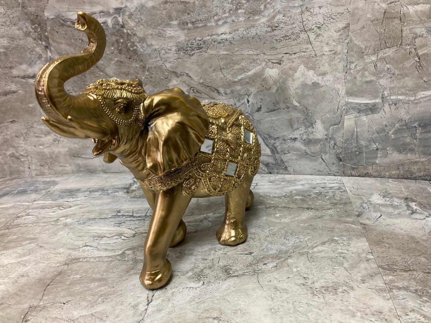 Figurine Golden Elephant Statue With Trunk Up .Home Decor.