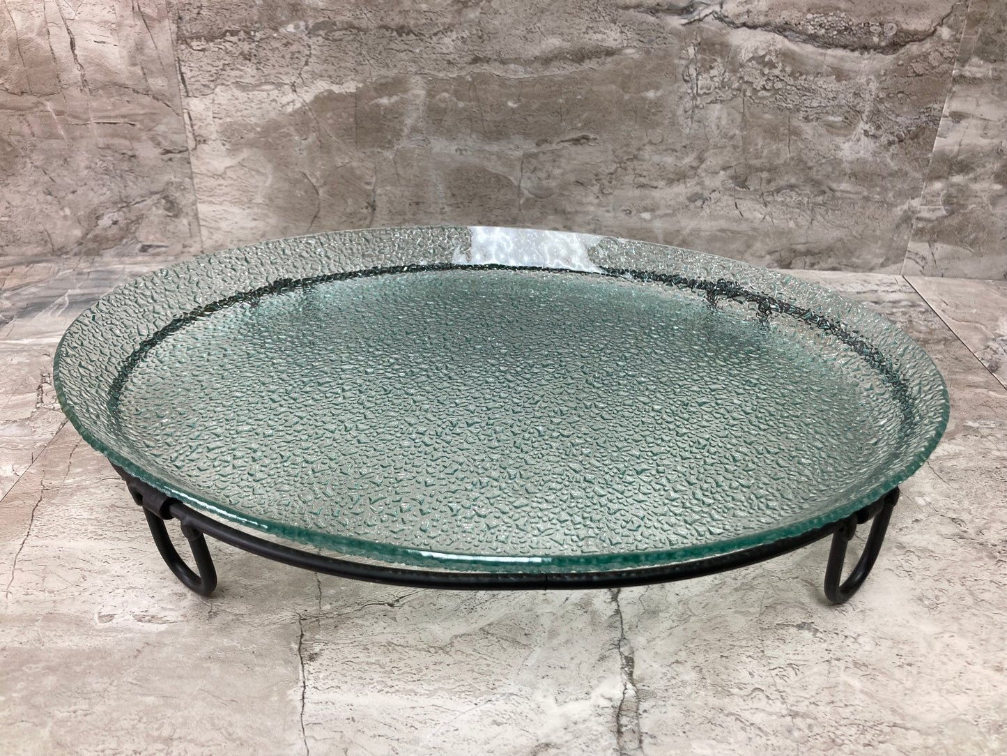 Serving glass oval shape dish tray plate with metal stand .Home decor.