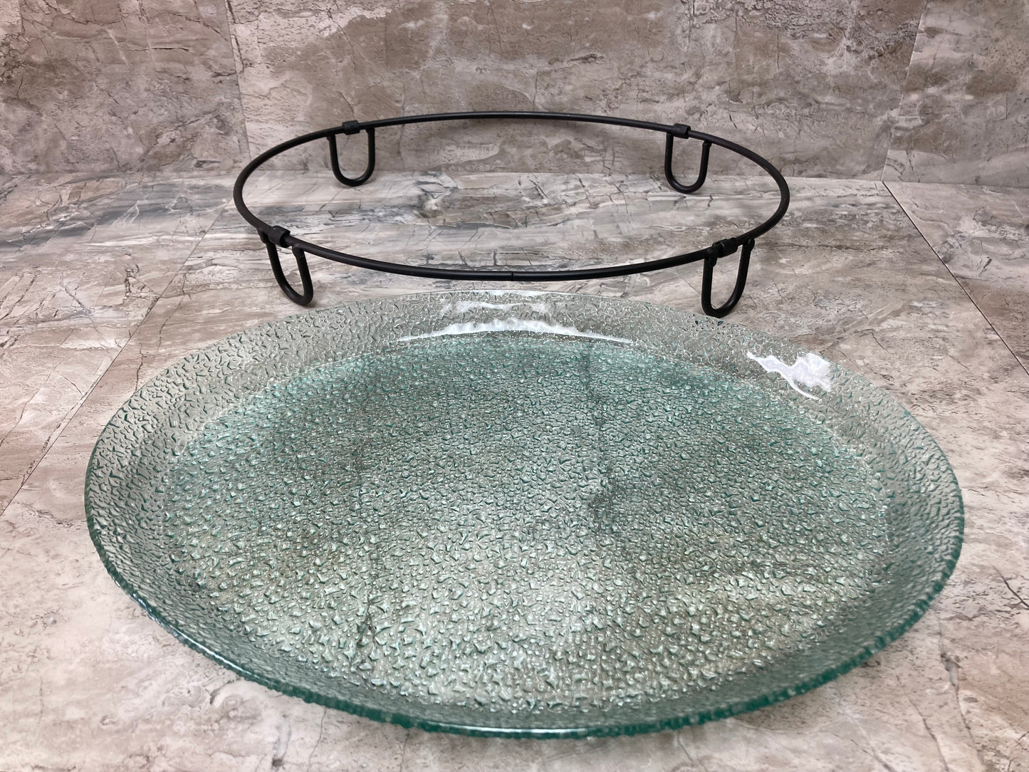 Serving glass oval shape dish tray plate with metal stand .Home decor.