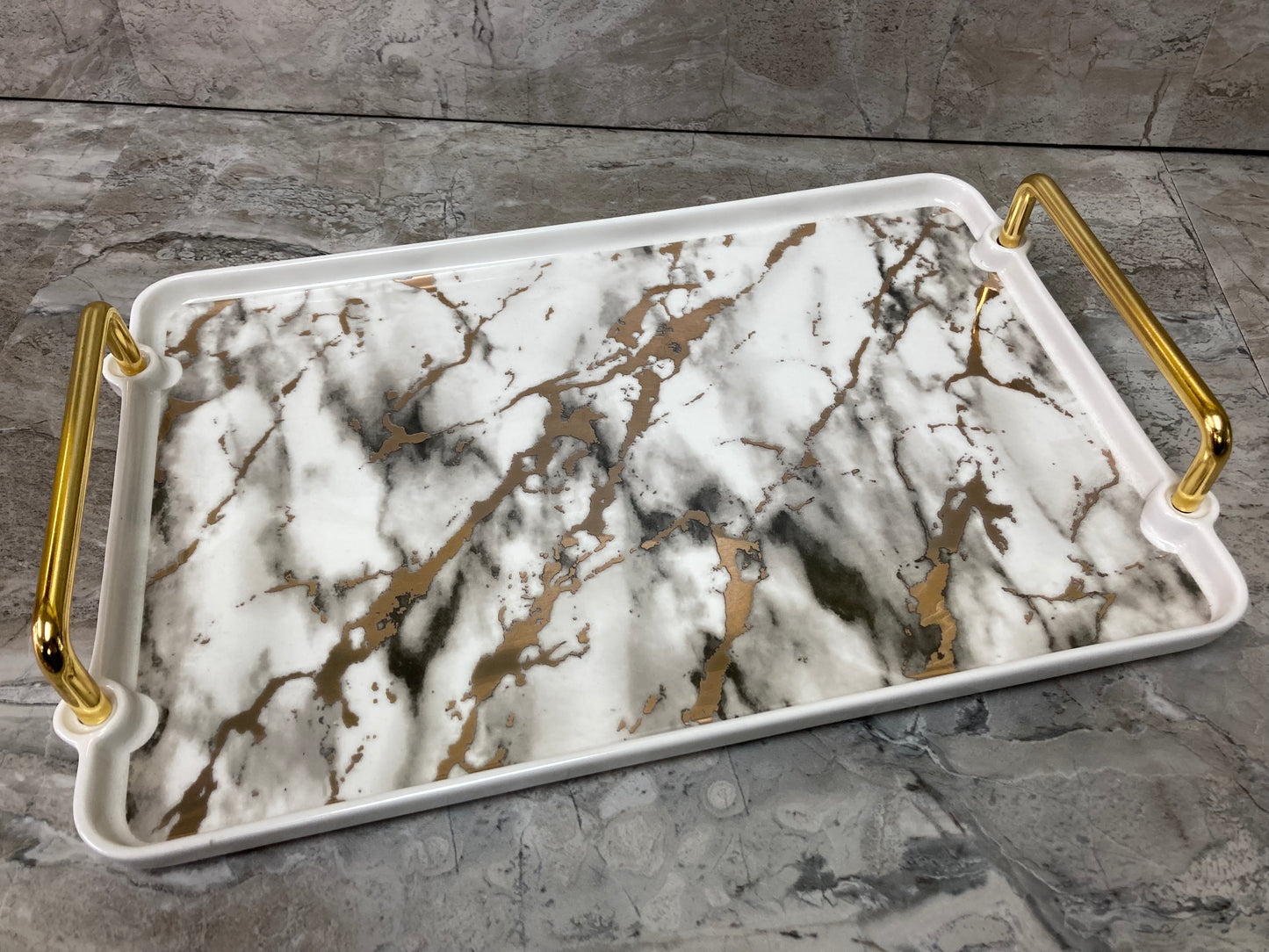 Serving tray plate fruits food cheese ,white ceramic marble pattern rectangular shape with metal handles .