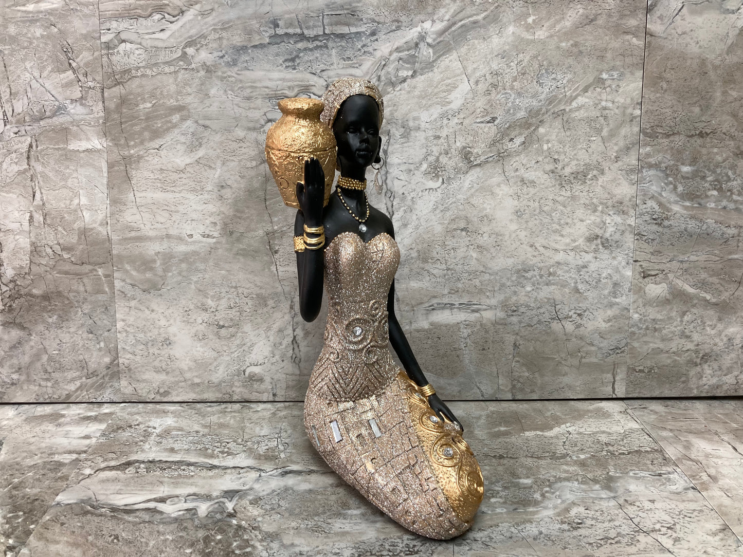 Figurine Sitting African American Lady statute Gold glitter color Elegant Home decor.