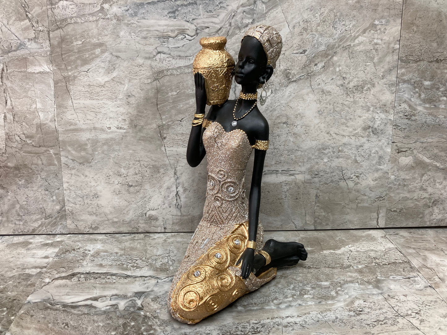 Figurine Sitting African American Lady statute Gold glitter color Elegant Home decor.