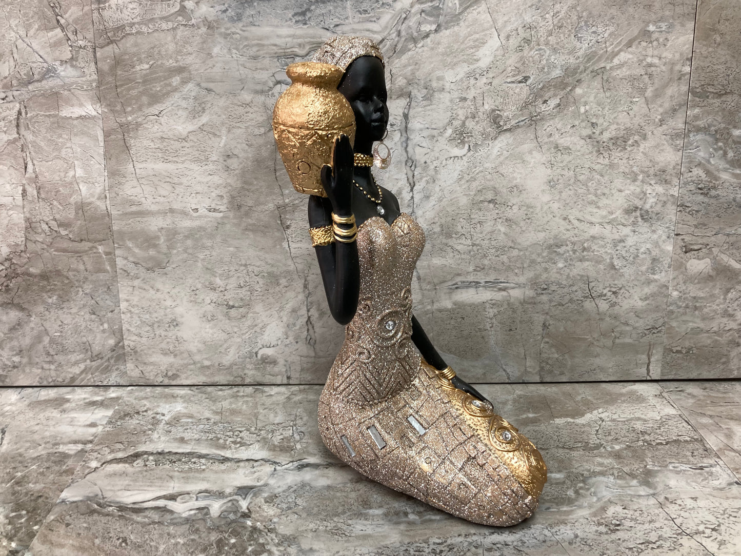 Figurine Sitting African American Lady statute Gold glitter color Elegant Home decor.
