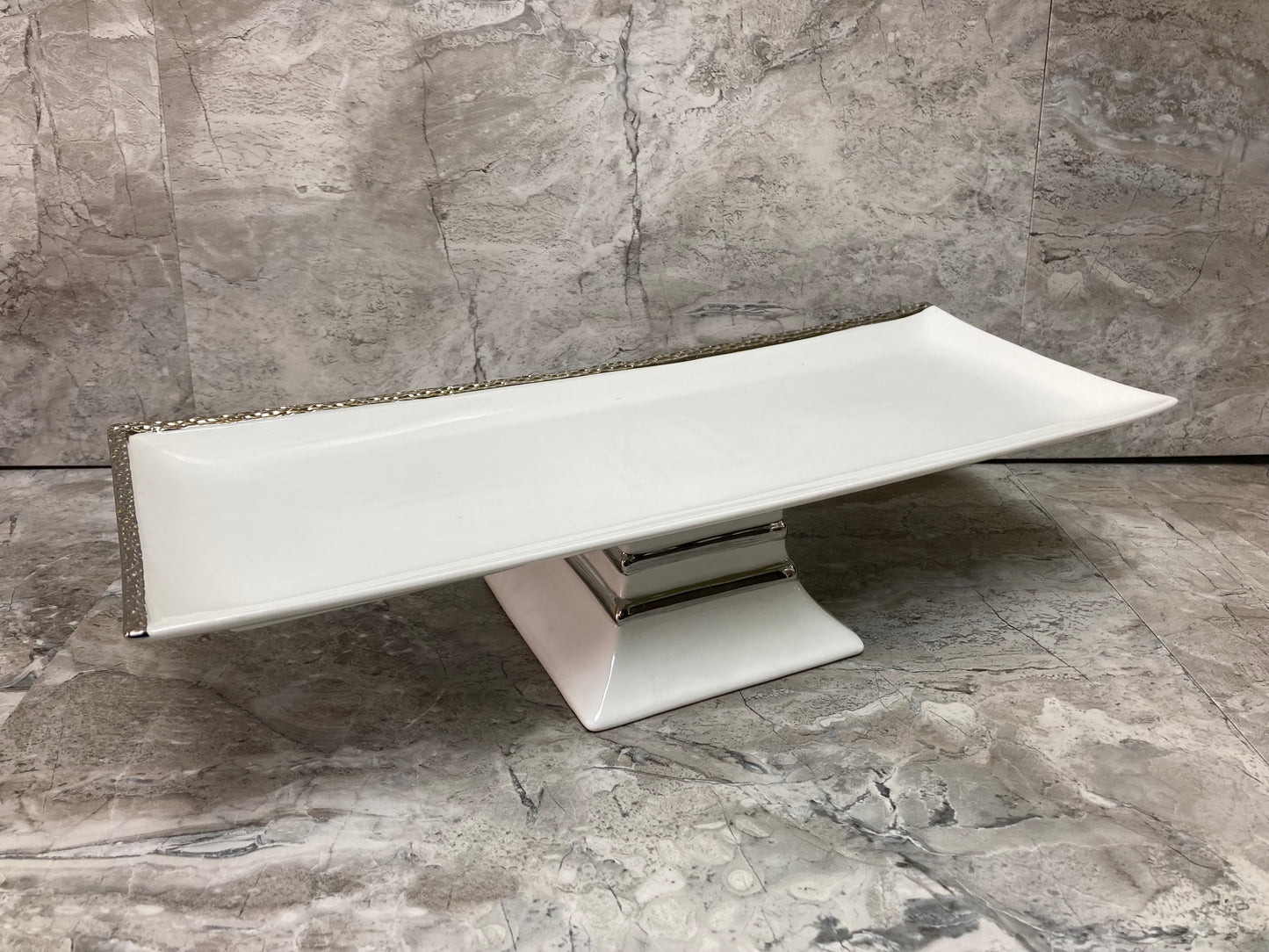 Serving rectangular White Ceramic Platter Tray with stand and silver rim Table top Dish. Cake serving footed plate.