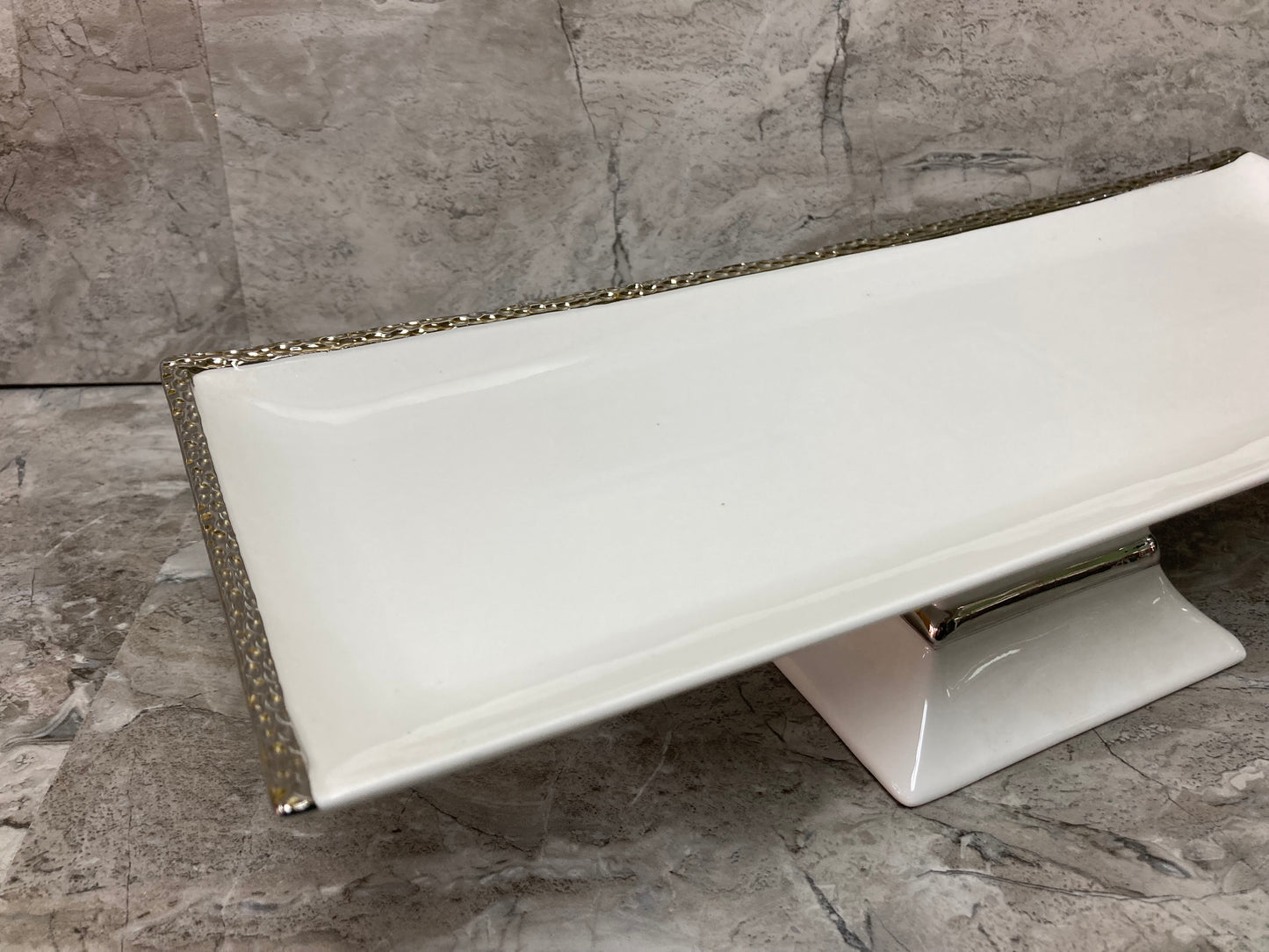 Serving rectangular White Ceramic Platter Tray with stand and silver rim Table top Dish. Cake serving footed plate.