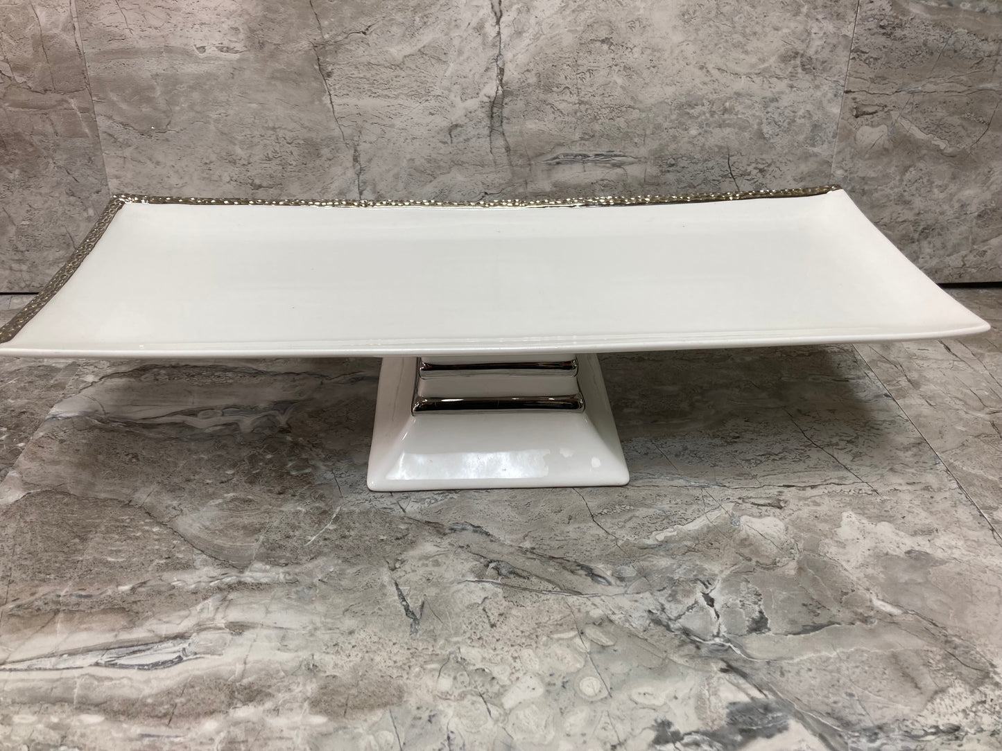 Serving rectangular White Ceramic Platter Tray with stand and silver rim Table top Dish. Cake serving footed plate.