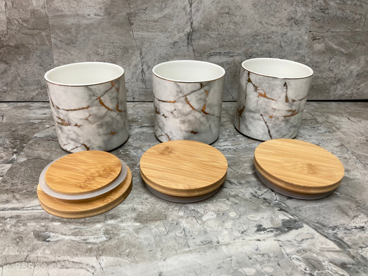 Canister 3pcs Ceramic Marble Pattern Jar Container Set , With airtight Wooden Lid .Home Decor.