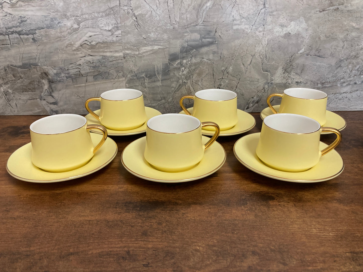 Coffee cups yellow set of 6 with gold rim. ceramic.
