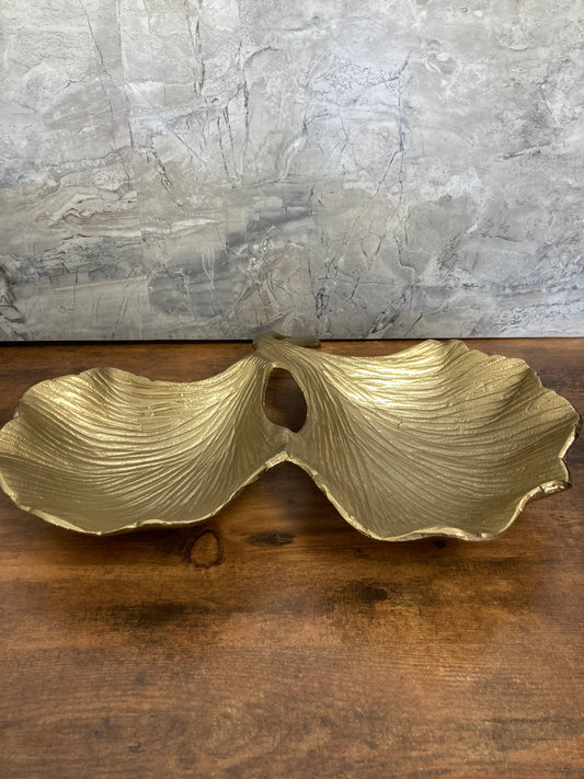 2 sections Leaf pattern serving dish try fruits gold color .Unique and classy.