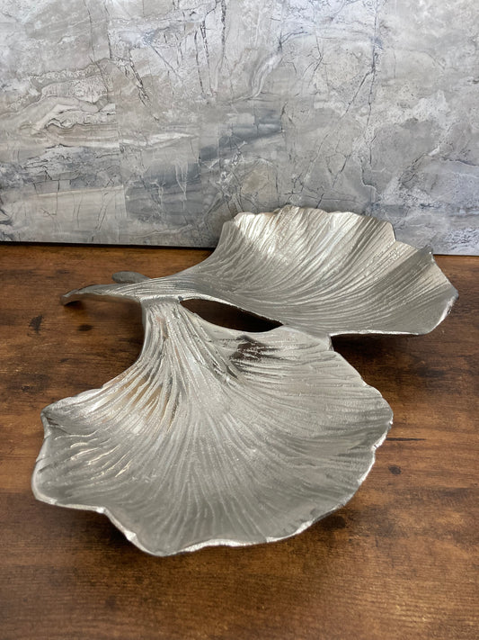 2 sections Leaf pattern serving dish try fruits Silver color .Unique and classy.