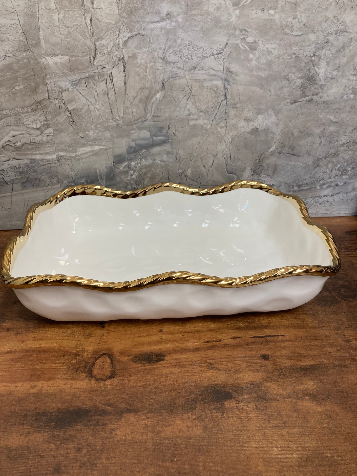 Serving Ceramic rectangular shape food fruits bowls dish with Wave Gold Rim , fruits .Home decor table top.