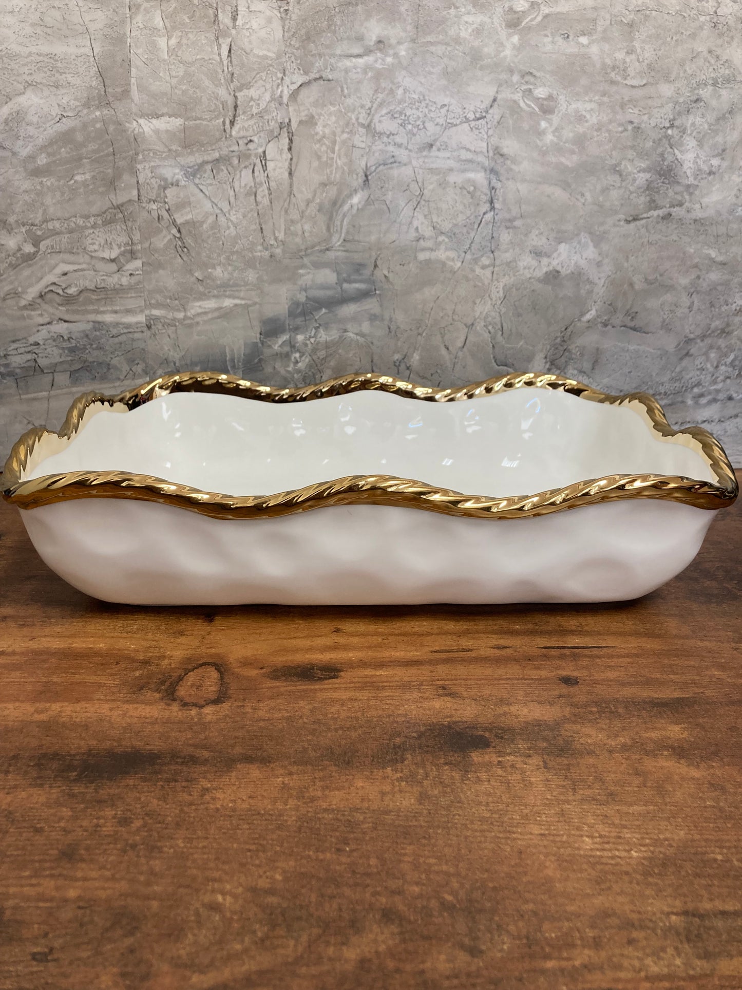 Serving Ceramic rectangular shape food fruits bowls dish with Wave Gold Rim , fruits .Home decor table top.