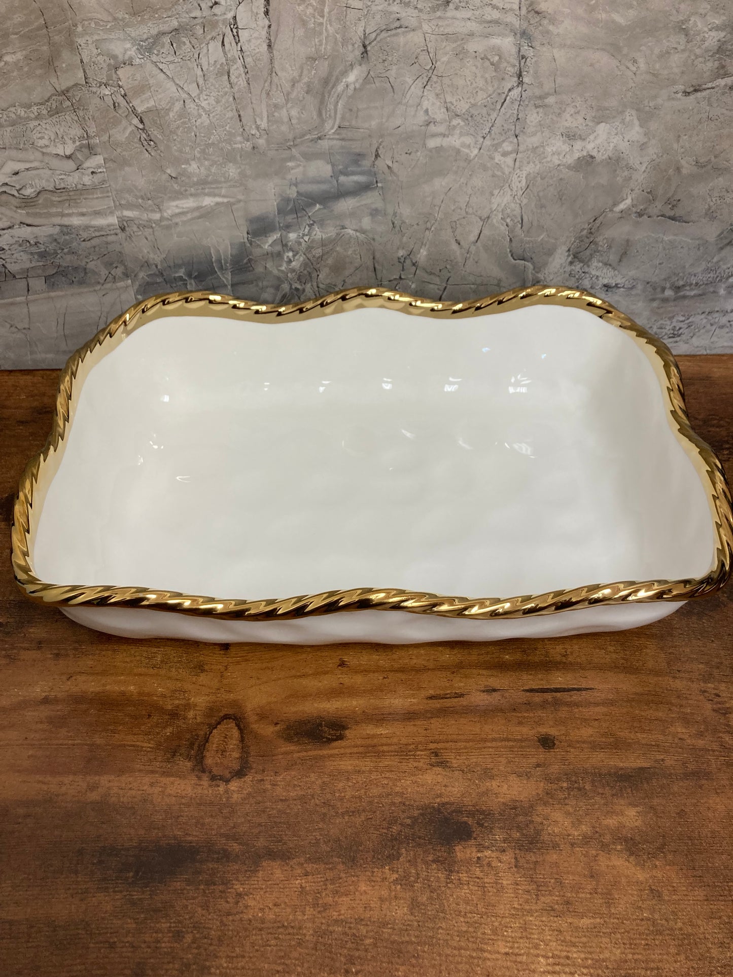 Serving Ceramic rectangular shape food fruits bowls dish with Wave Gold Rim , fruits .Home decor table top.