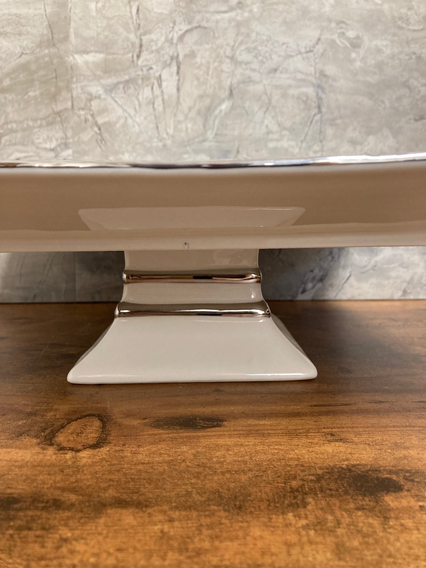 Serving square White Ceramic Platter Tray with stand and silver rim Table top Dish. Cake serving footed plate.