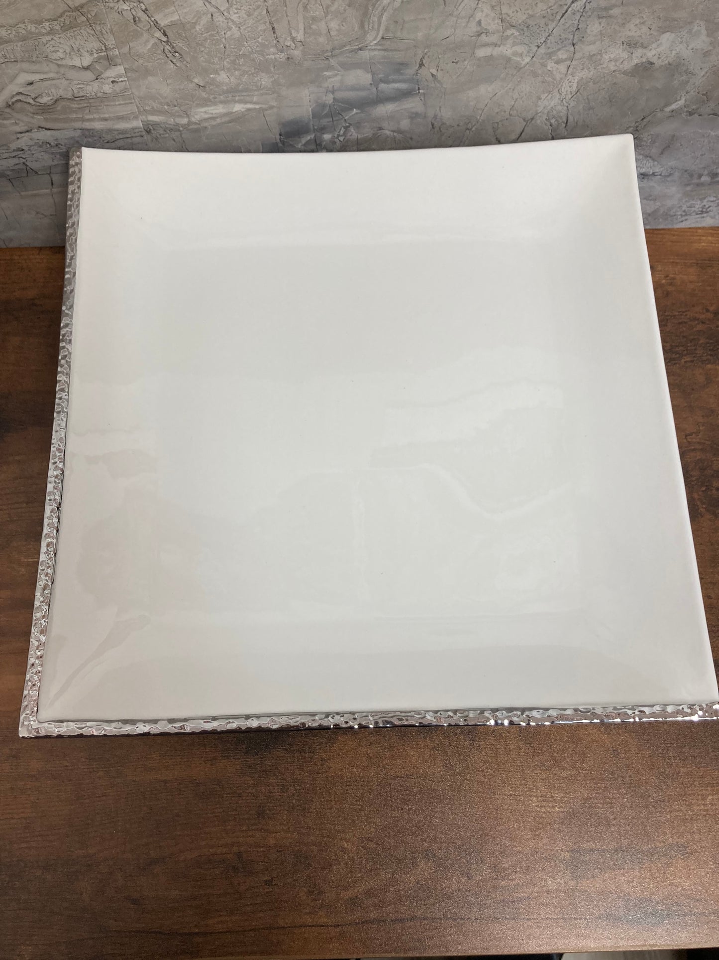 Serving square White Ceramic Platter Tray with stand and silver rim Table top Dish. Cake serving footed plate.