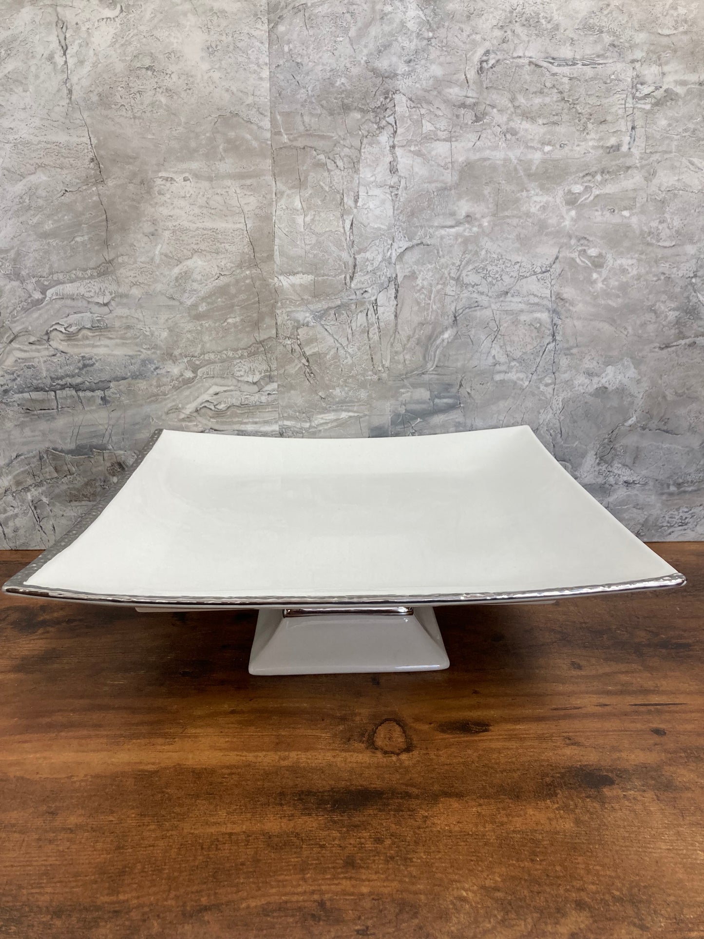 Serving square White Ceramic Platter Tray with stand and silver rim Table top Dish. Cake serving footed plate.