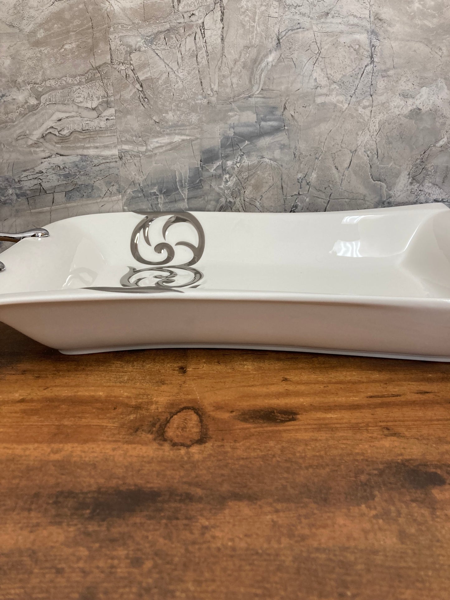 Serving ceramic Dish , With Silver color handles and design ,Deep Tray Platter Stylish.