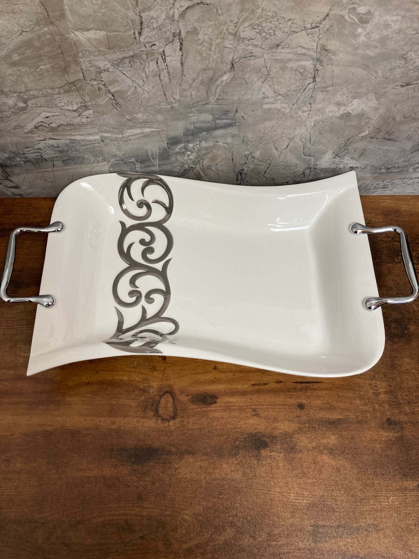 Serving ceramic Dish , With Silver color handles and design ,Deep Tray Platter Stylish.