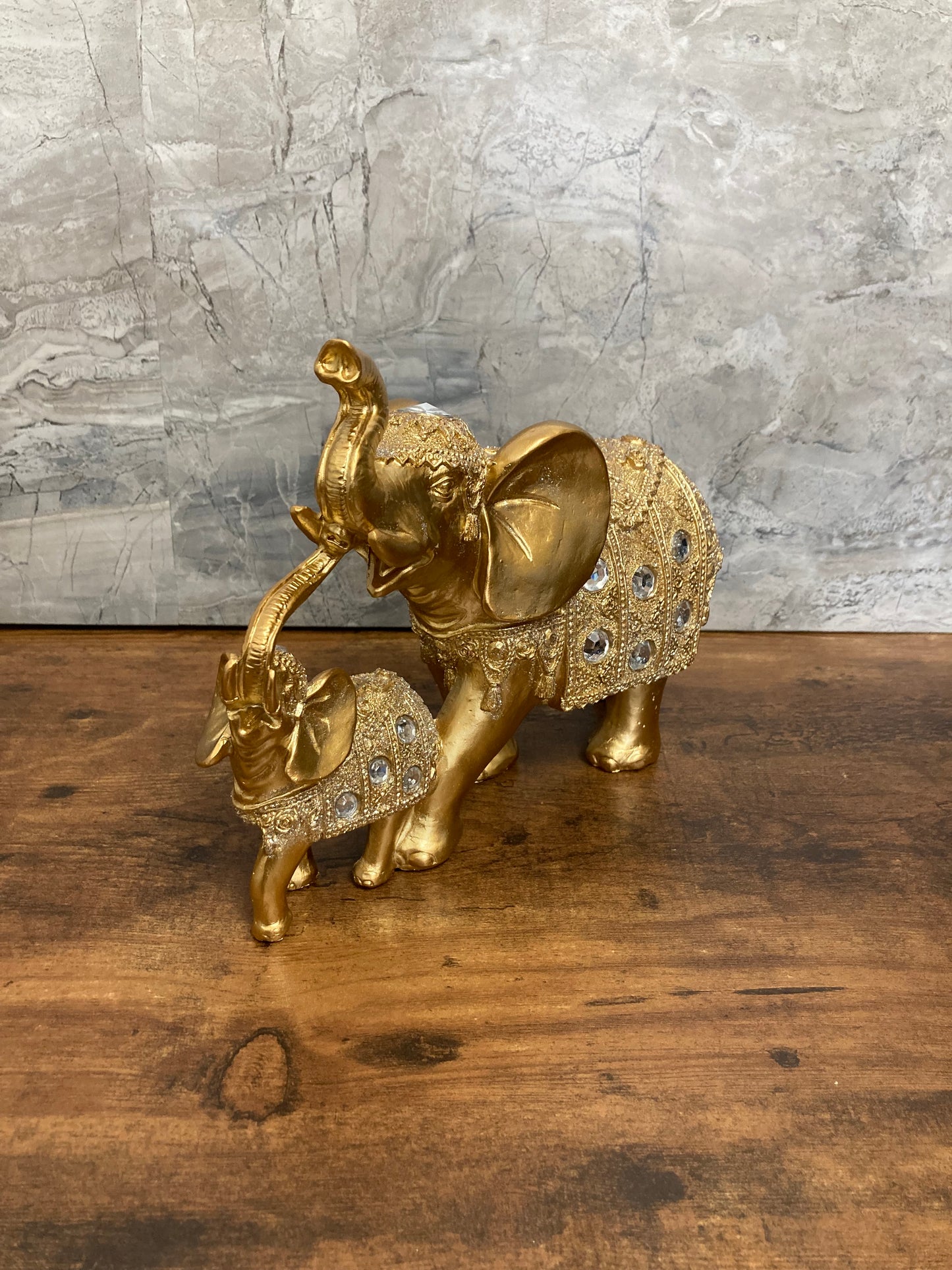 Figurine Golden Elephant Statue Mom and baby .Home Decor.