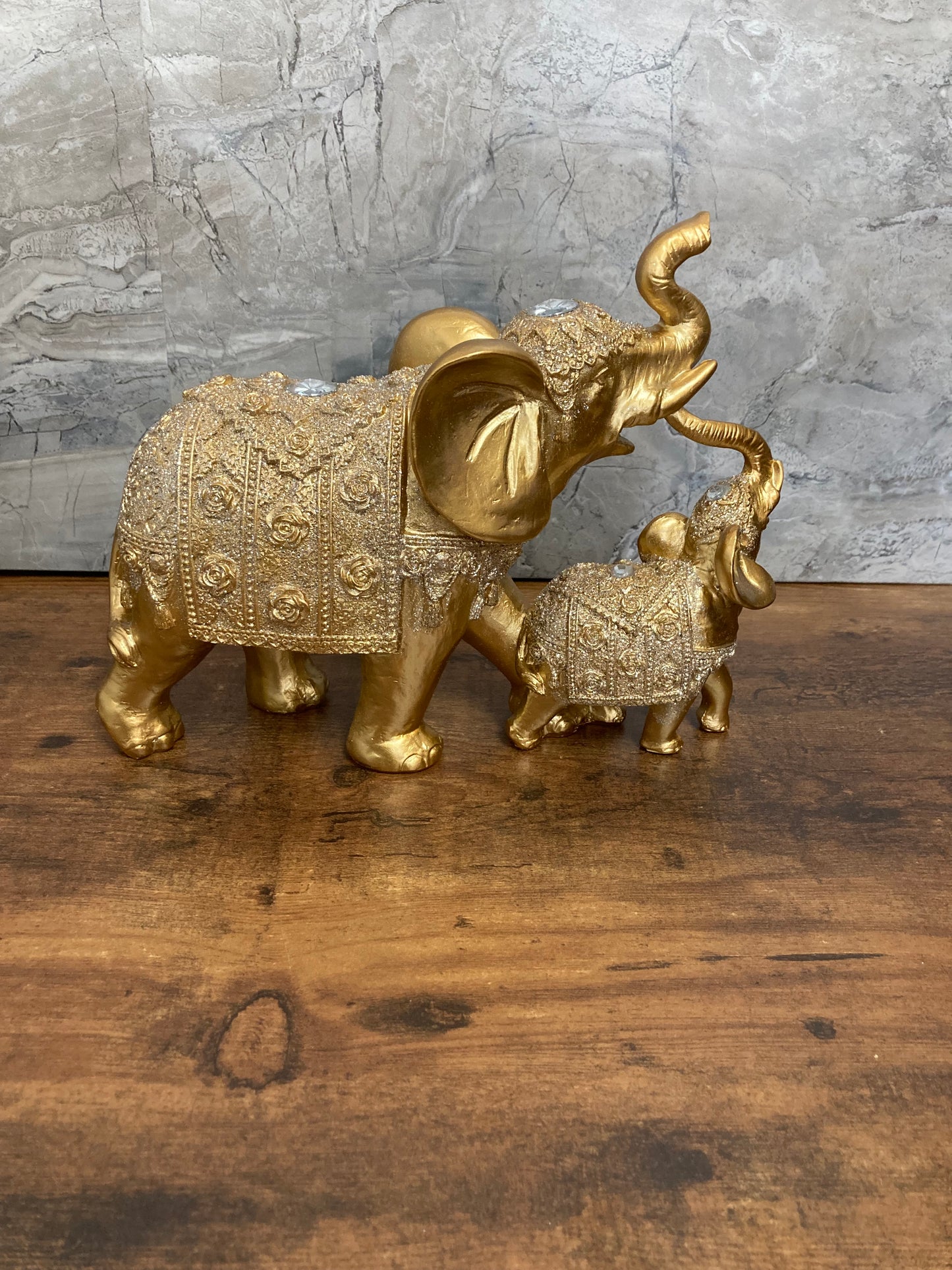 Figurine Golden Elephant Statue Mom and baby .Home Decor.