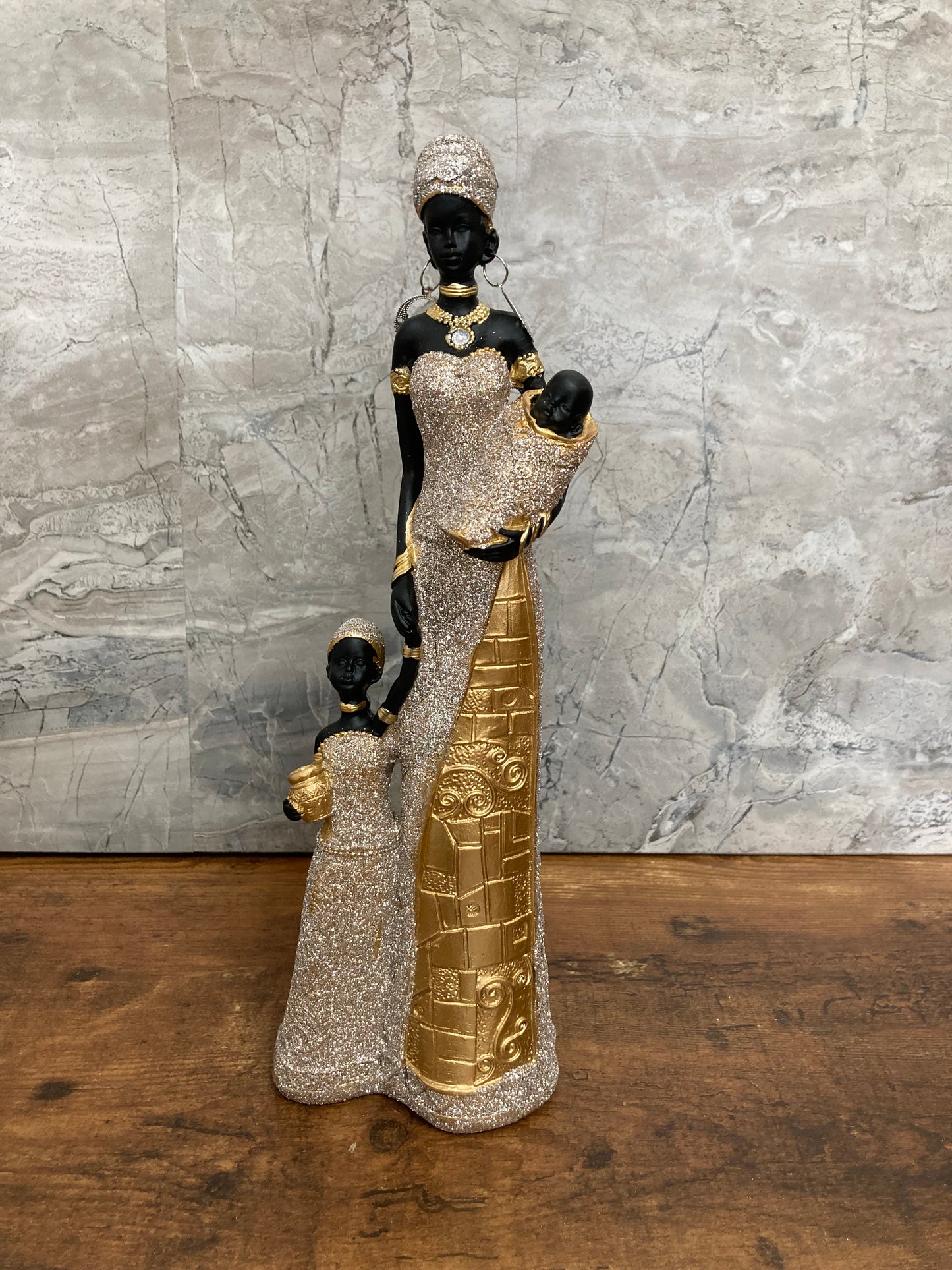 Figurine African American Family Mother Lady with babies statute Gold glitter color Elegant Home decor.