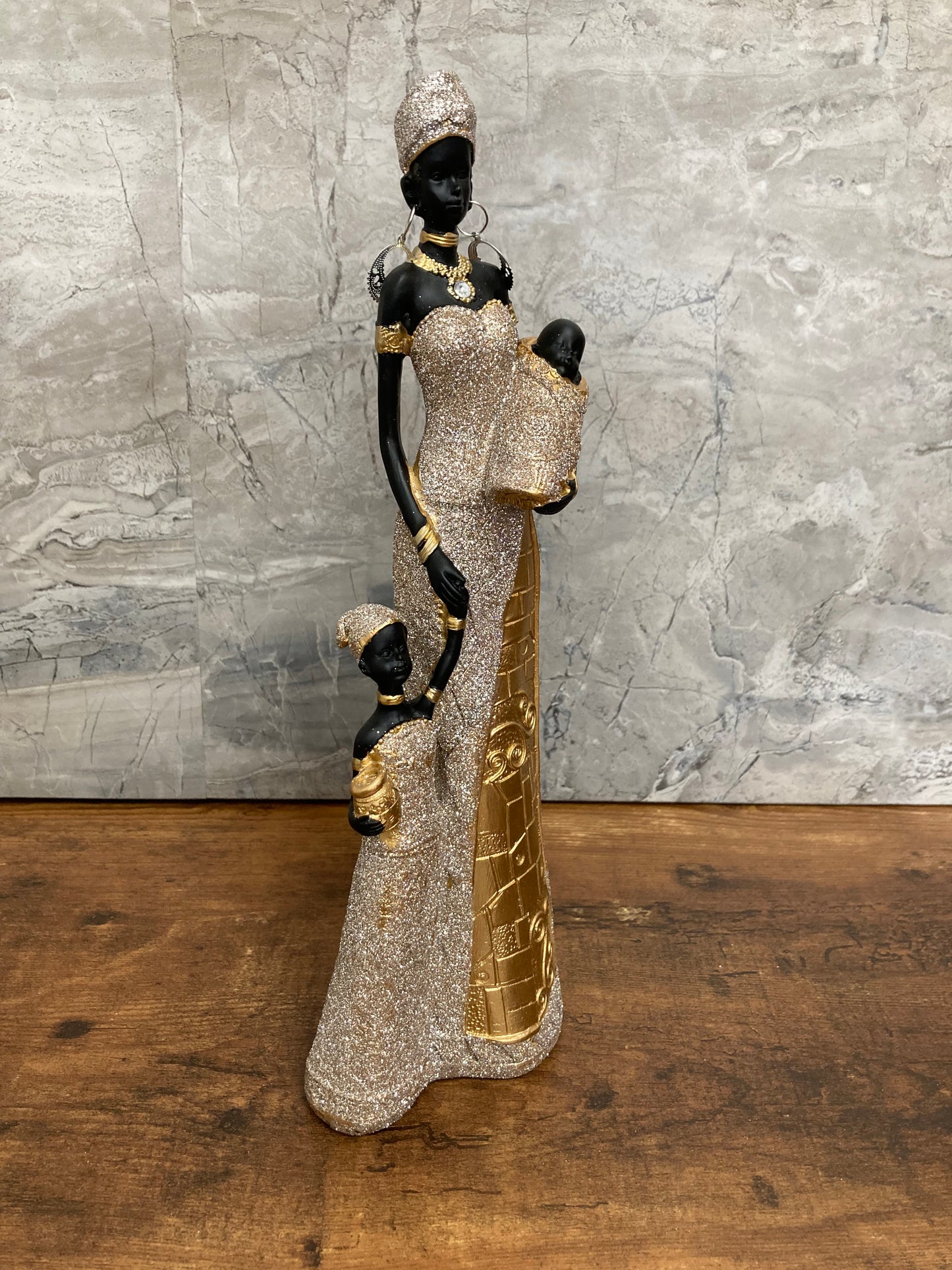 Figurine African American Family Mother Lady with babies statute Gold glitter color Elegant Home decor.