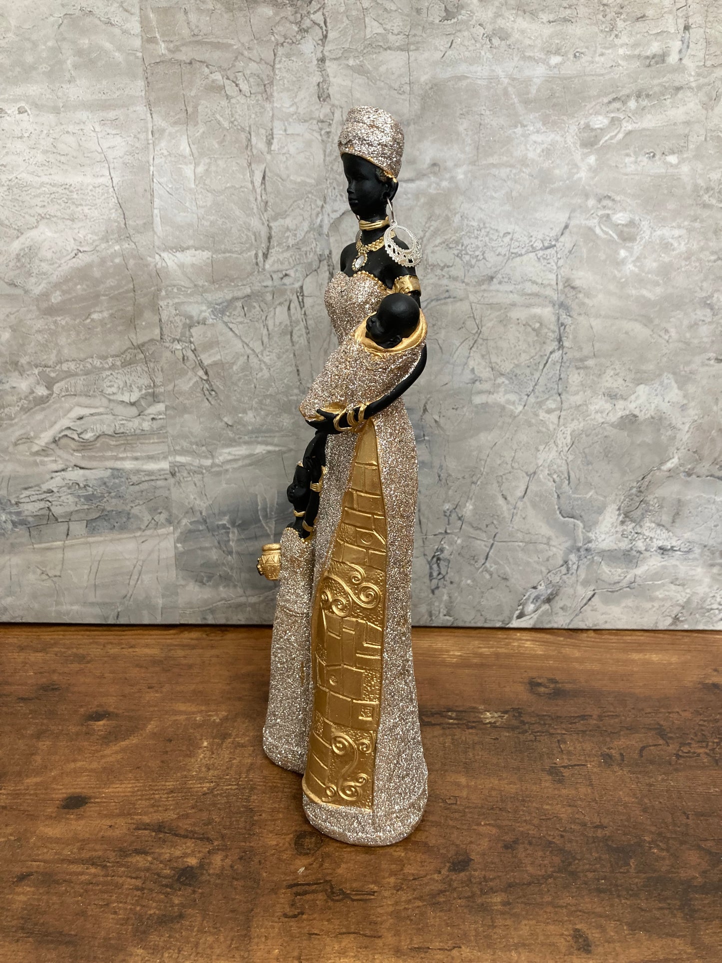 Figurine African American Family Mother Lady with babies statute Gold glitter color Elegant Home decor.