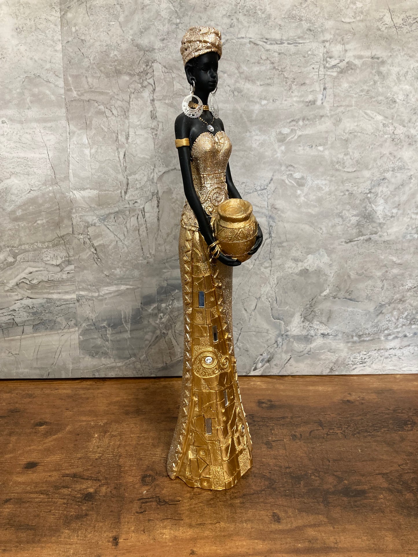 Figurine African American Lady statute Gold glitter color Elegant Home decor.