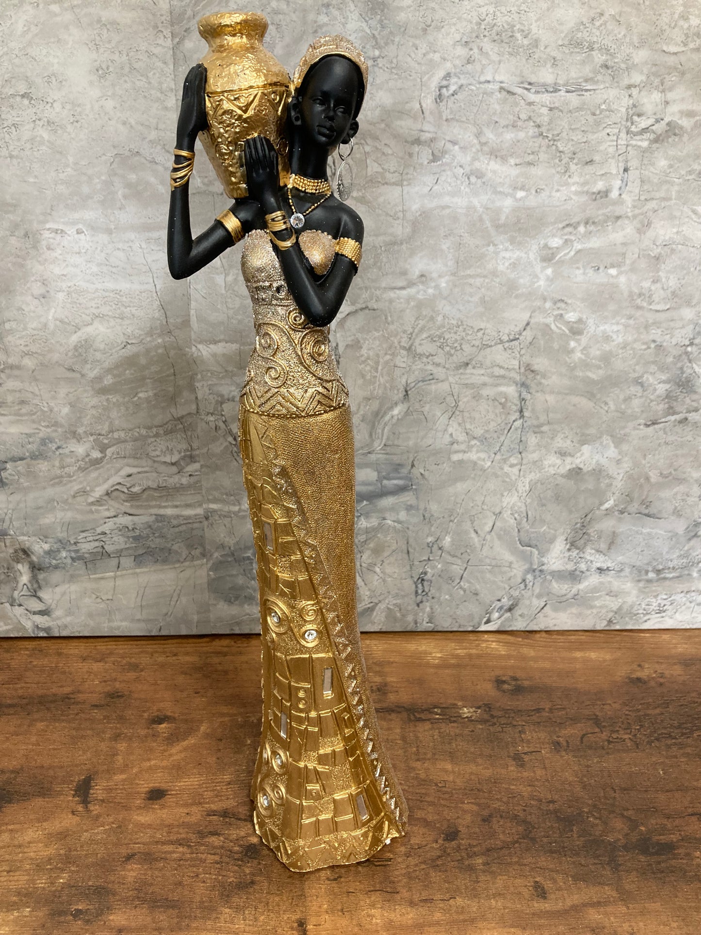 Figurine African American Lady statute Gold glitter color Elegant Home decor. large.