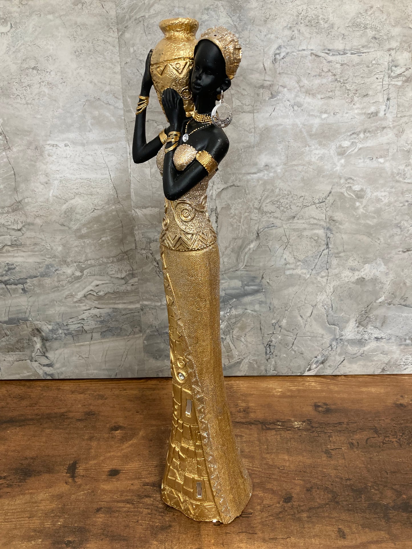 Figurine African American Lady statute Gold glitter color Elegant Home decor. large.