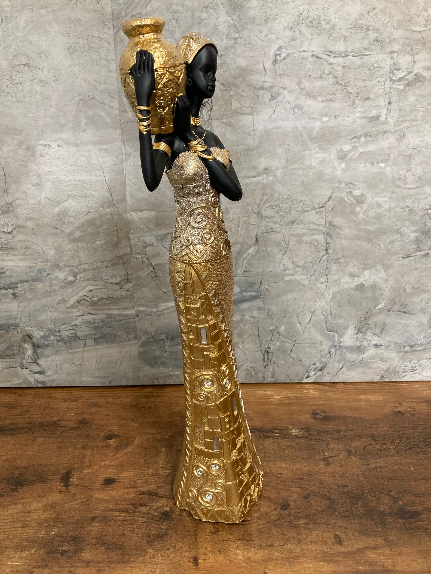 Figurine African American Lady statute Gold glitter color Elegant Home decor. large.