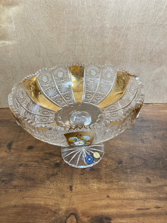 Bohemia Crystal hand cut 500 PK gold and flowers decorated round footed serving plate fruits home decor .Eternal elegance .