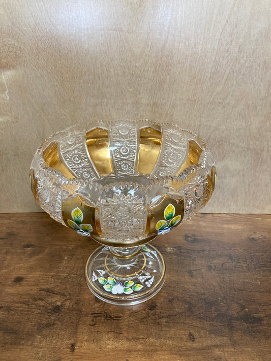 Bohemia Crystal hand cut 500 PK gold and flowers decorated round footed serving plate fruits home decor .Eternal elegance .