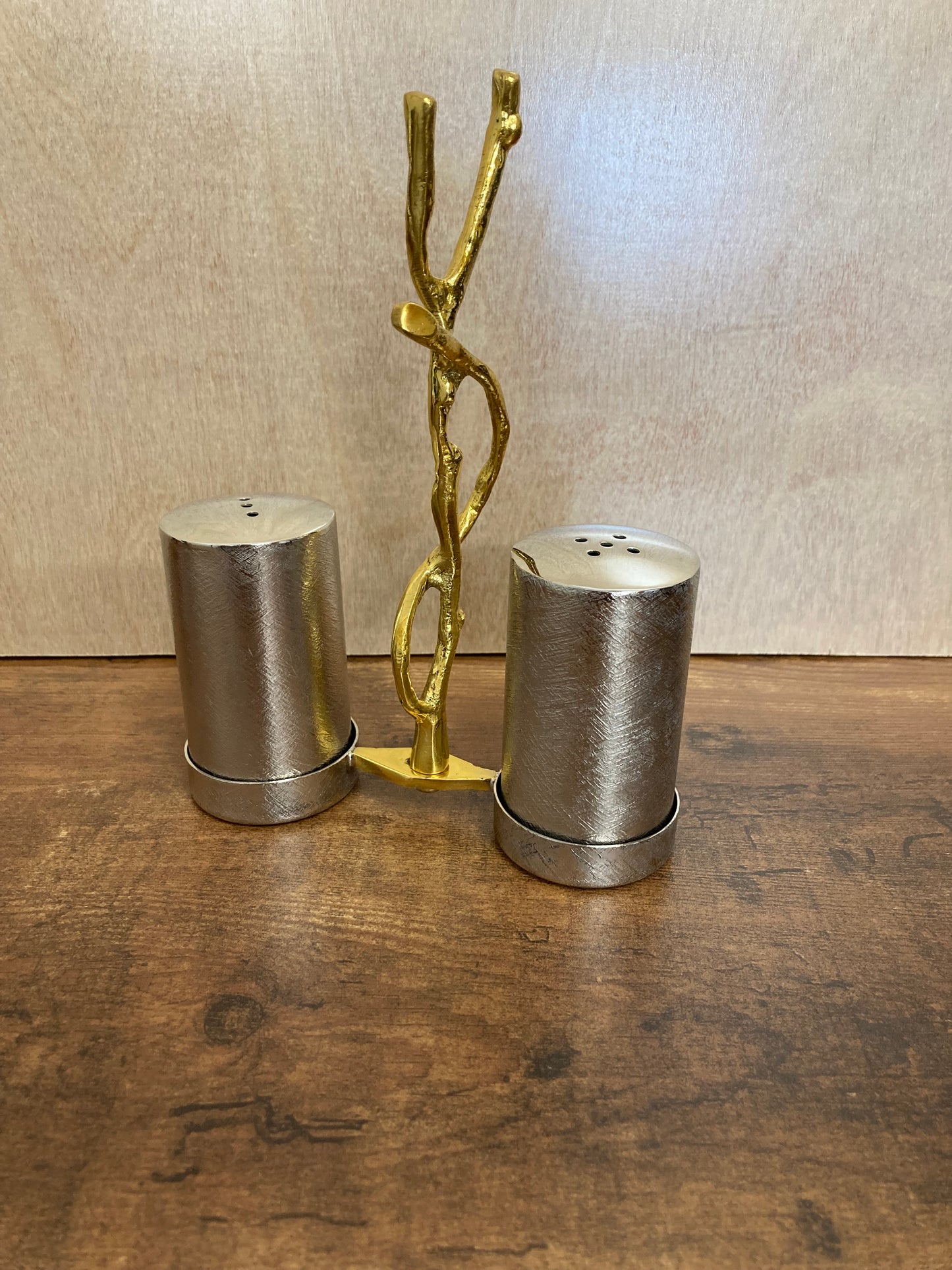 Stainless steel & Brass Salt and pepper with holder , Gold and silver branch pattern brushed finish. Home decor.