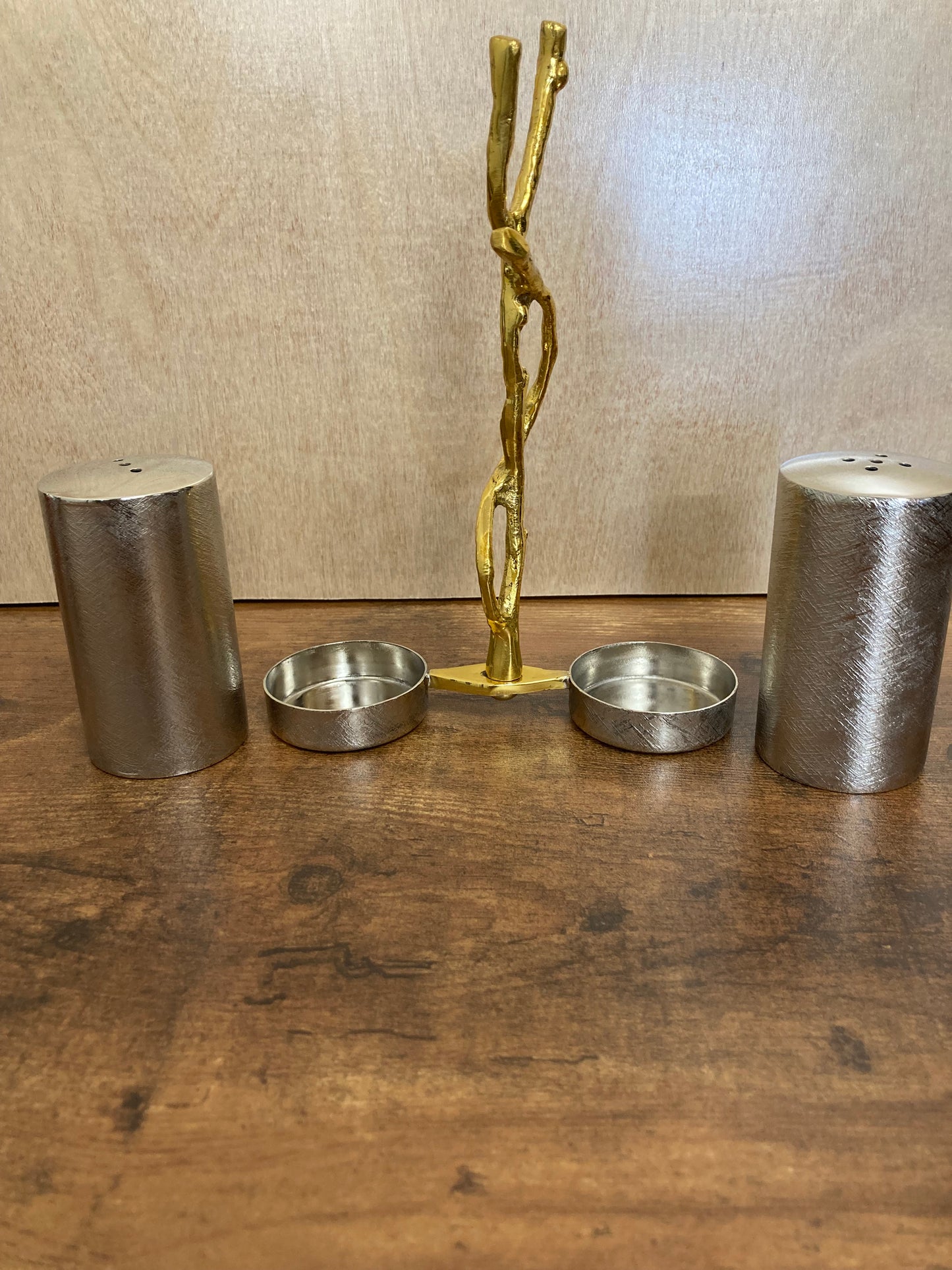 Stainless steel & Brass Salt and pepper with holder , Gold and silver branch pattern brushed finish. Home decor.