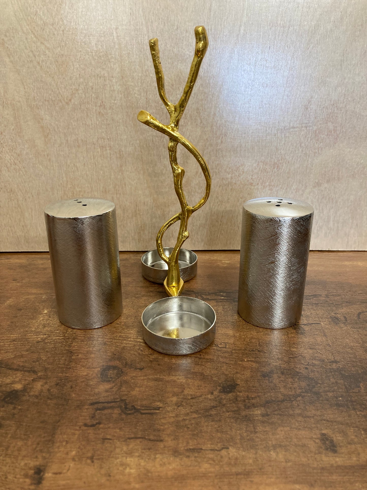Stainless steel & Brass Salt and pepper with holder , Gold and silver branch pattern brushed finish. Home decor.