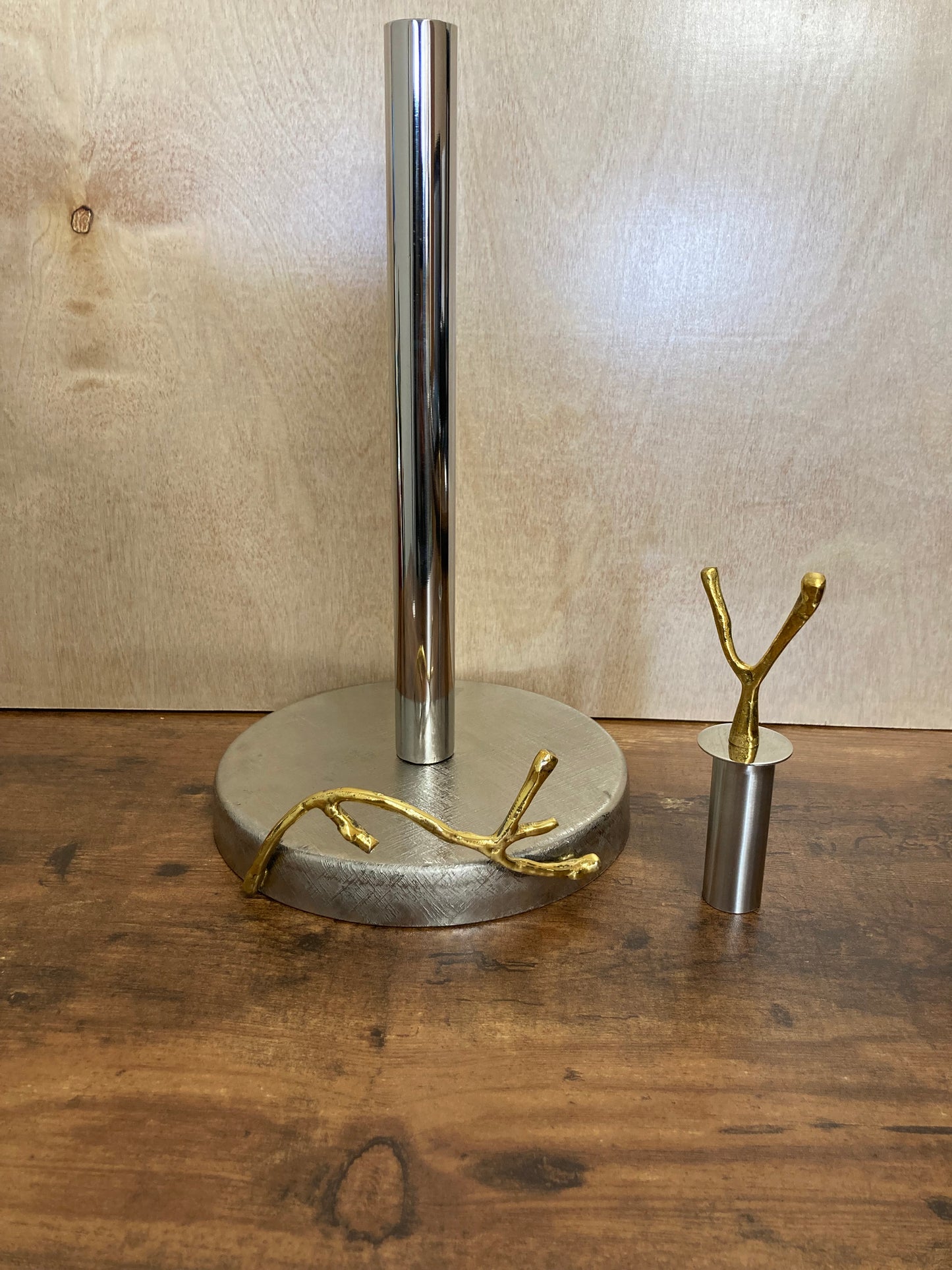 Stainless steel & Brass paper towel holder , Gold and silver branch pattern brushed finish. Home decor.