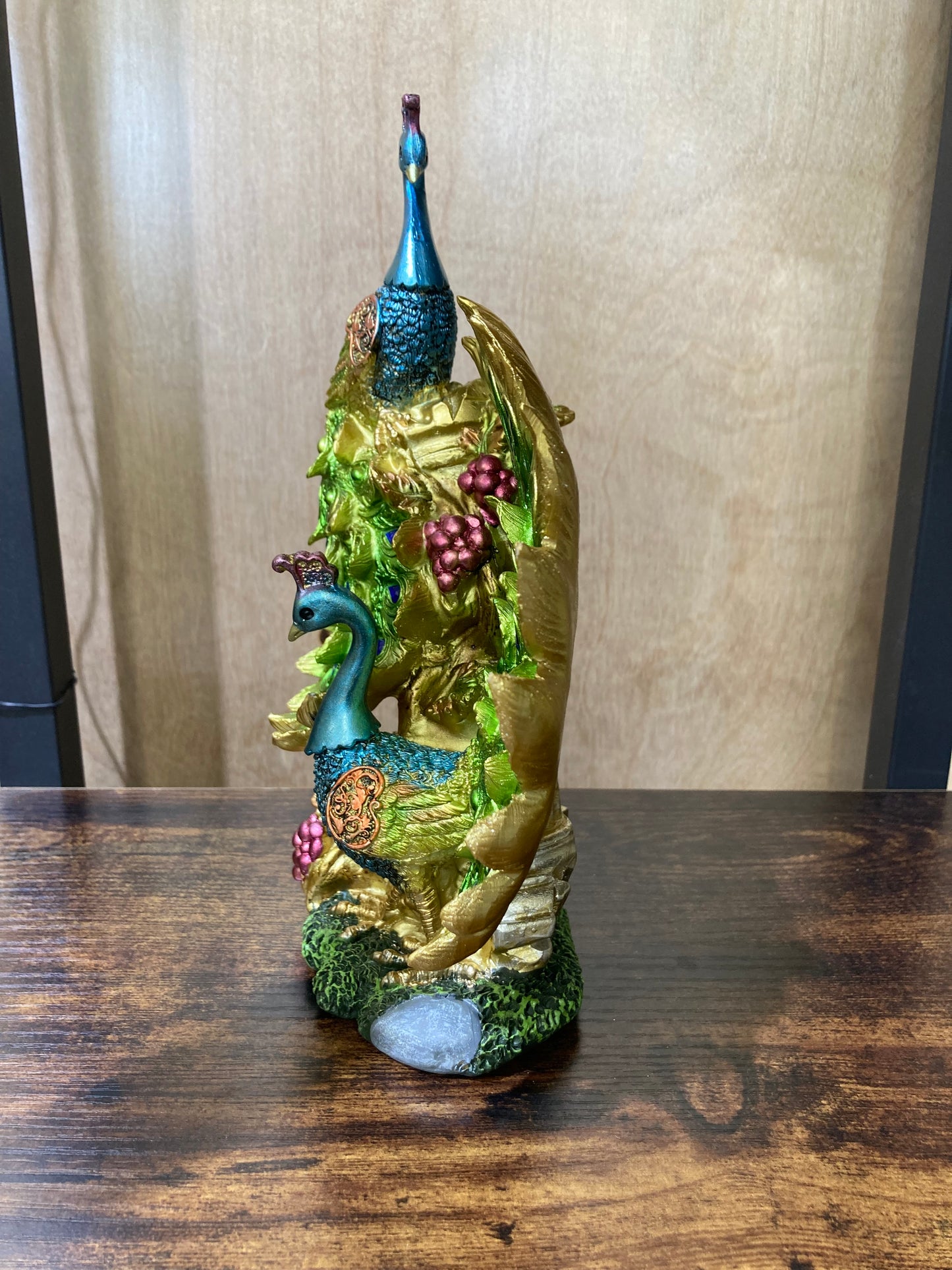 Peacock couple bird statuette figurine ,elegant colorful made of polyresin unique home decor .