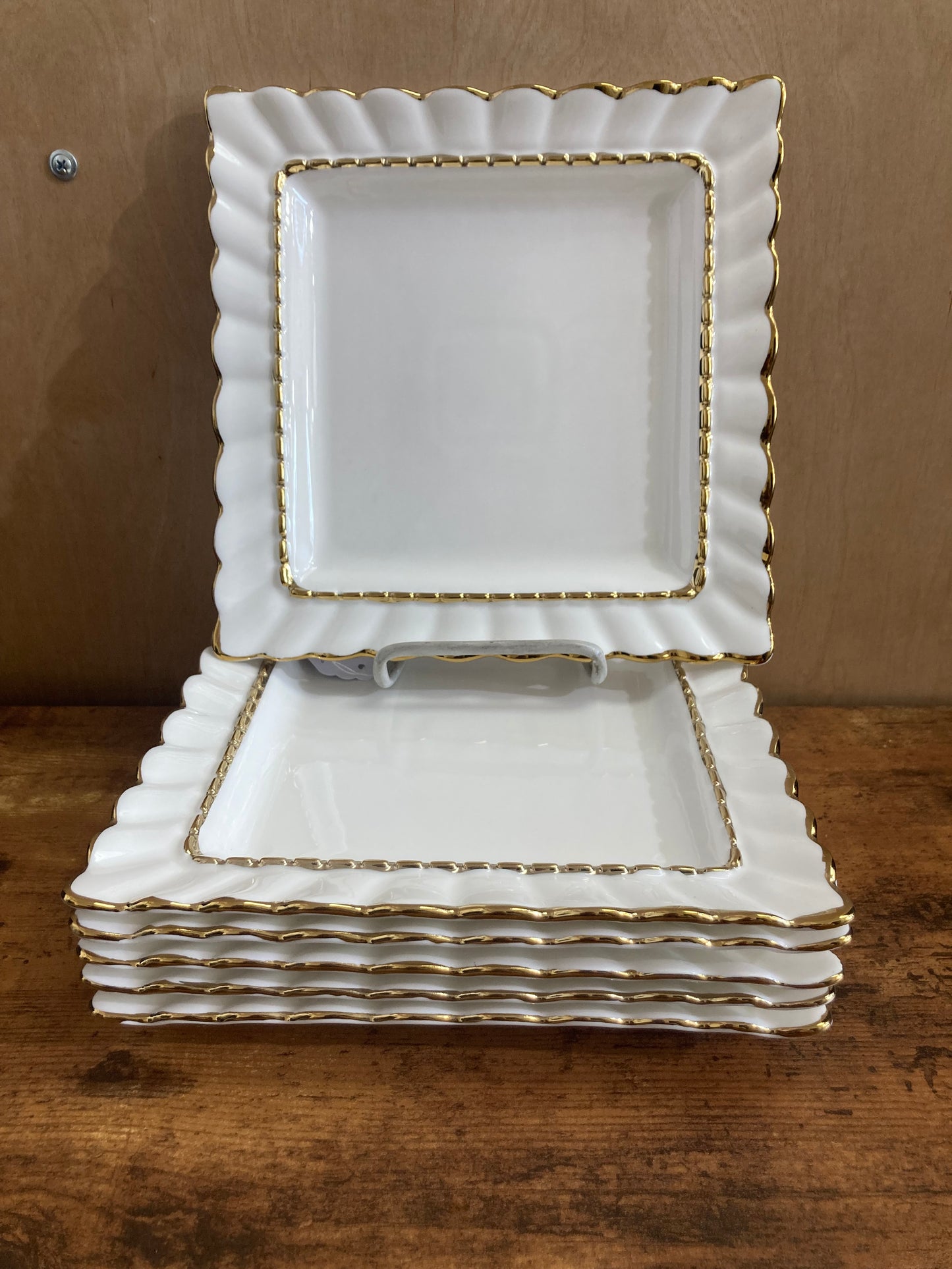 Square dessert appetizer White ceramic 6 pcs Plates with gold rim dishes fruits modern serving elegant .