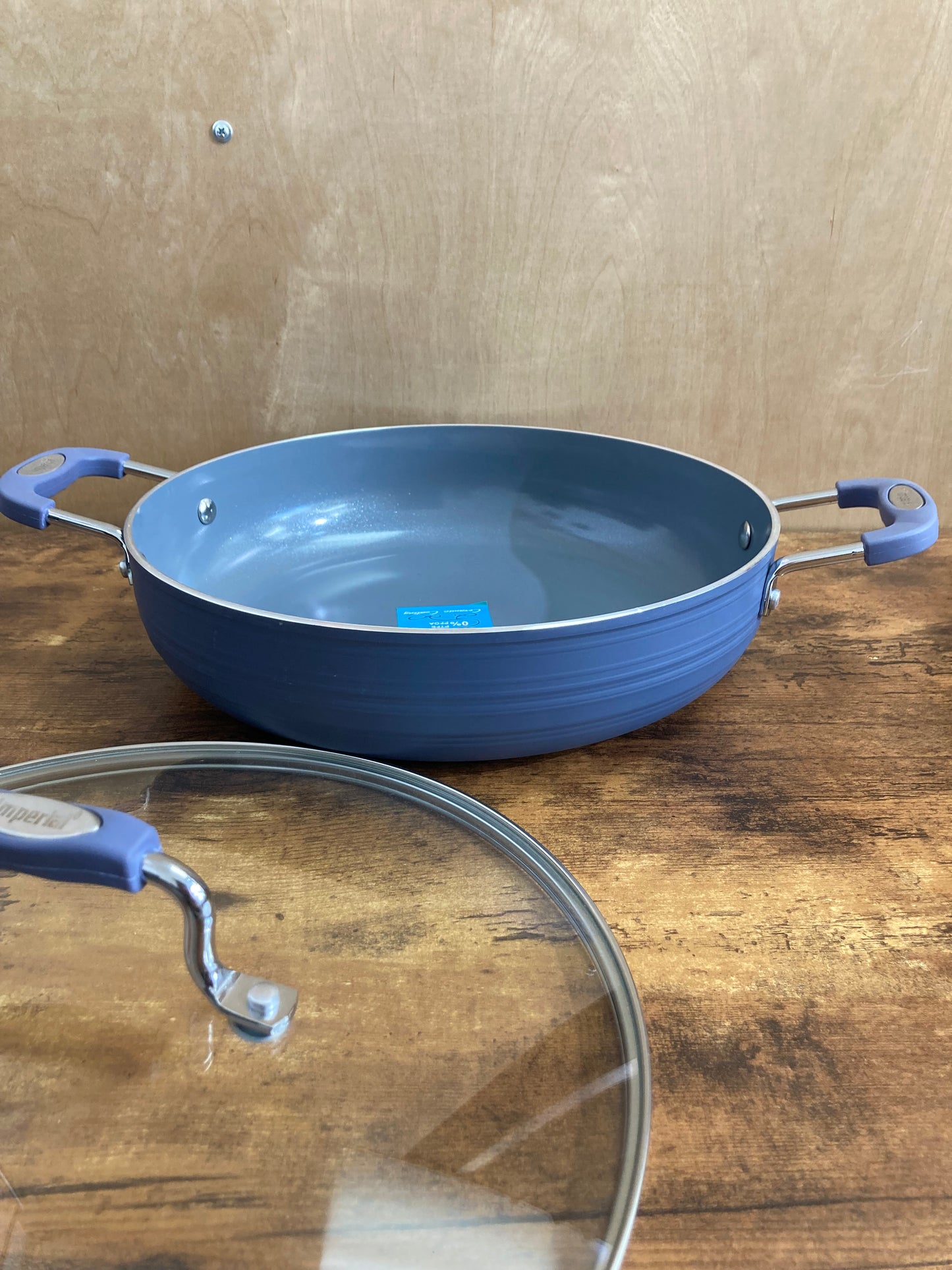 Cookware nonstock 12 inch low pot bottom induction pot with glass cover. PFOA FREE ceramic coated.