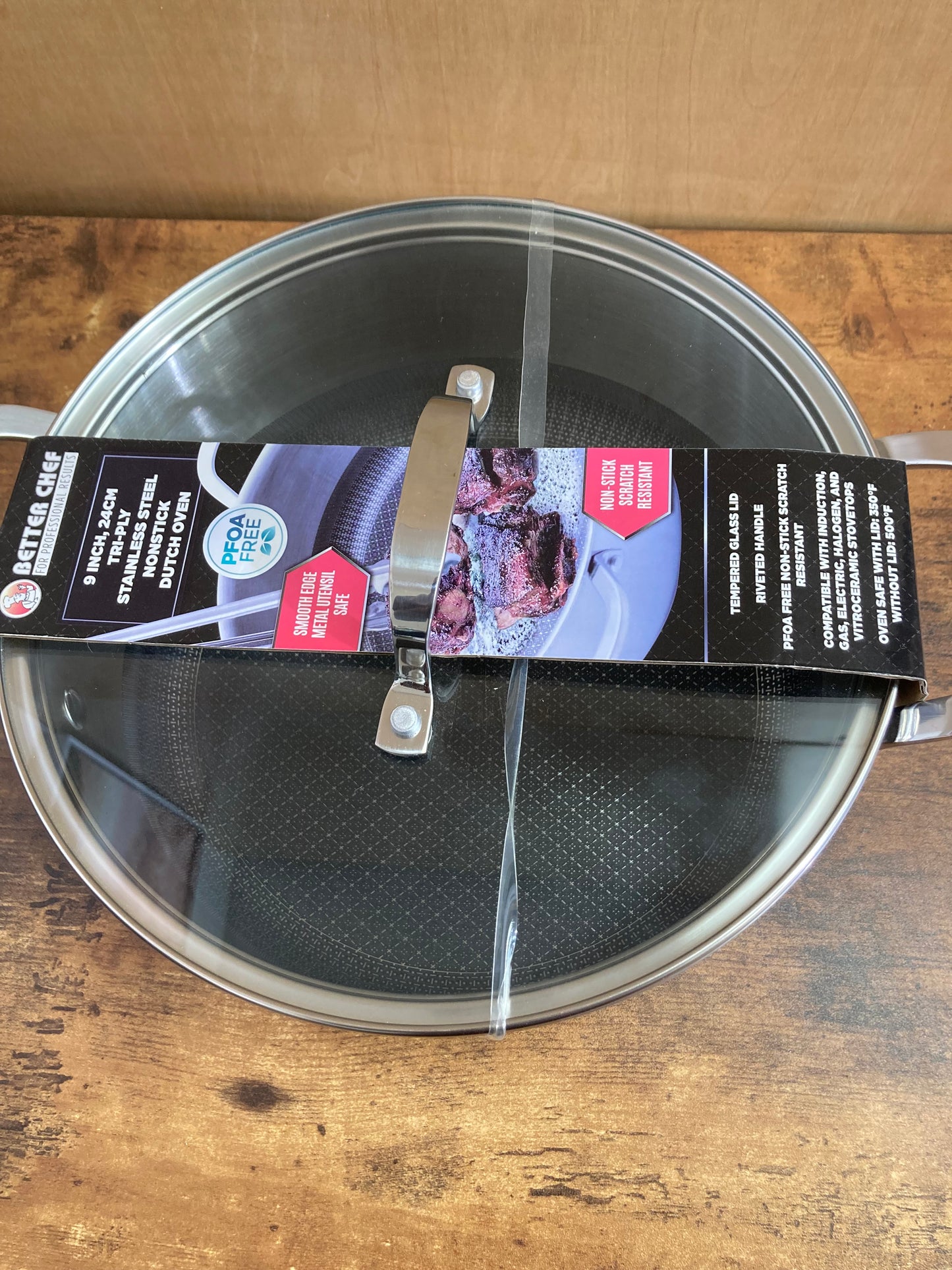 Cookware nonstock PFOA FREE 5 QT Stainless steel pot oven safe with glass cover.
