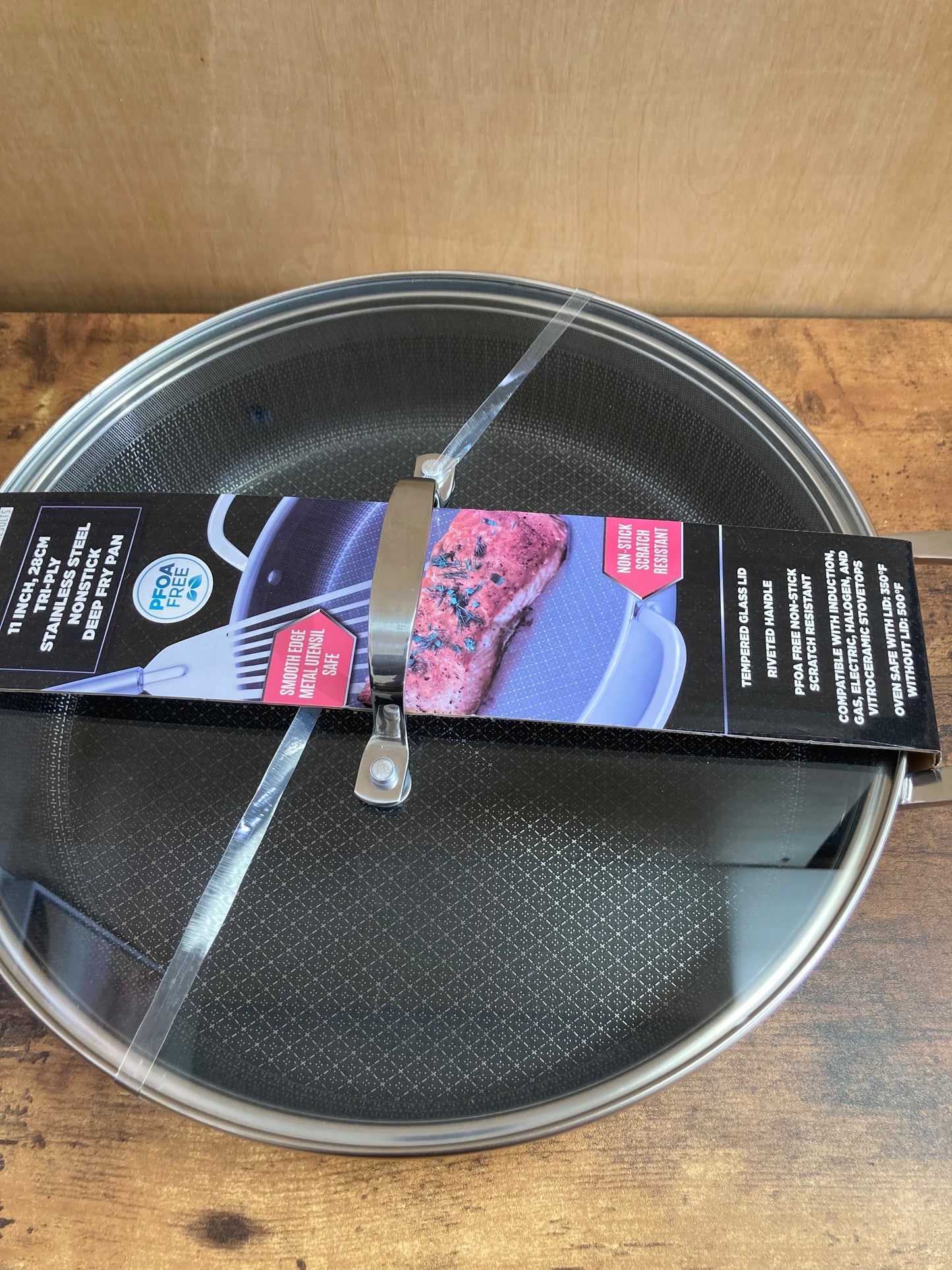 Cookware nonstock PFOA FREE low pot 11 inch diameter Stainless steel pot oven safe with glass cover.
