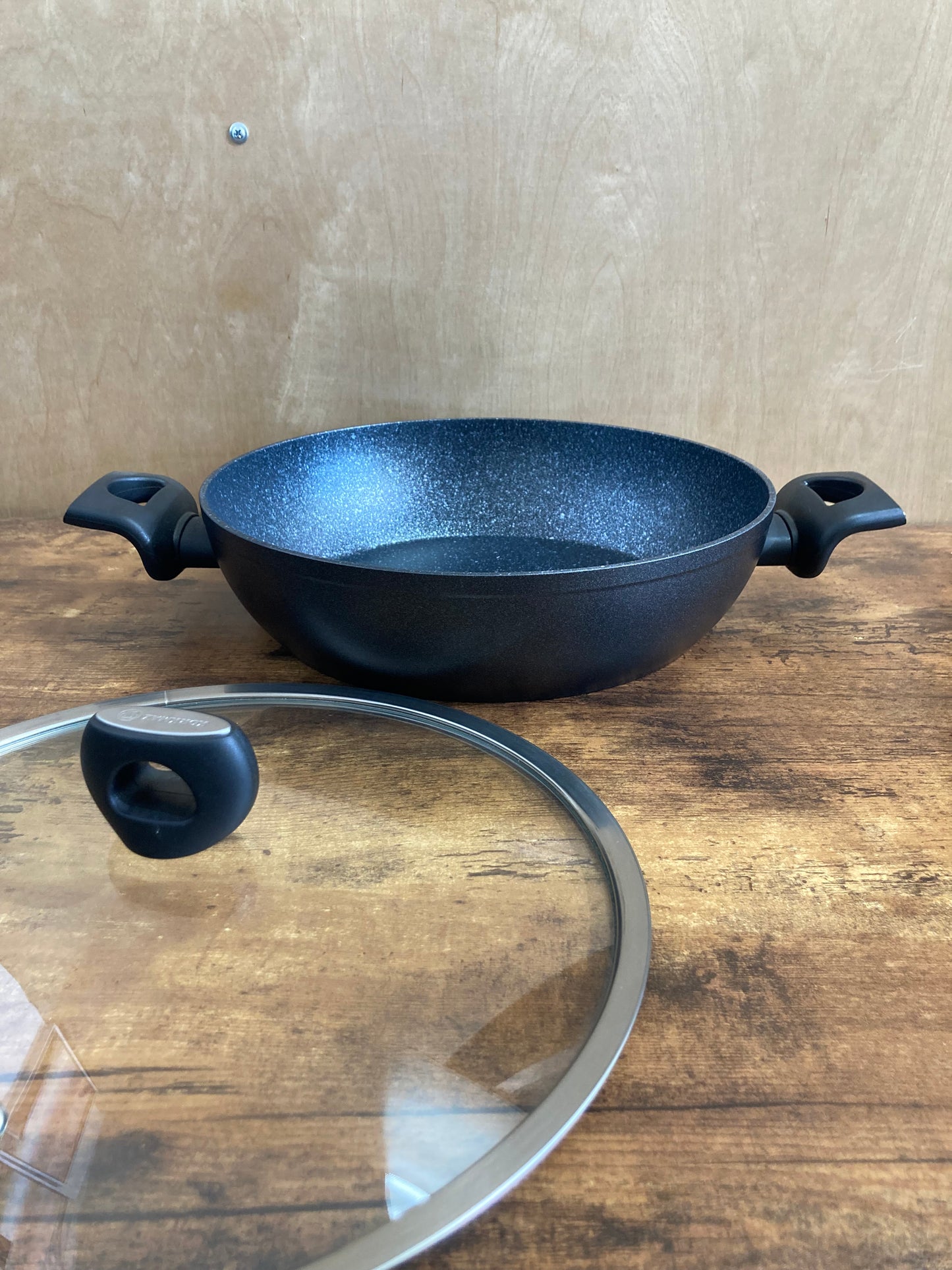 Cookware nonstock 12 inch low pot bottom induction pot with glass cover. marble pattern.