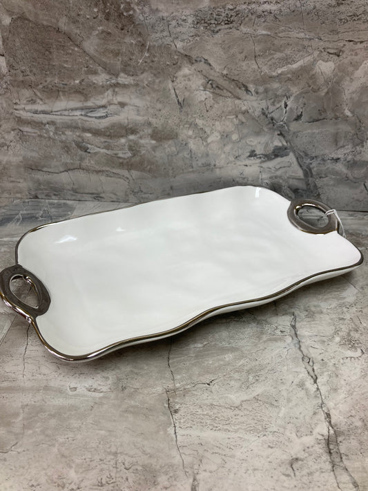 Serving dish tray plate fruits pastry food ,ceramic with silver rim.