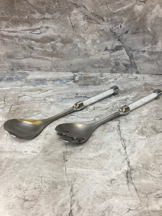 Salad Serving Fork And Spoon Set ,Bright Elegant Stainless Steel with Sparking White Crystal Stone Handle.(set of 2pcs)