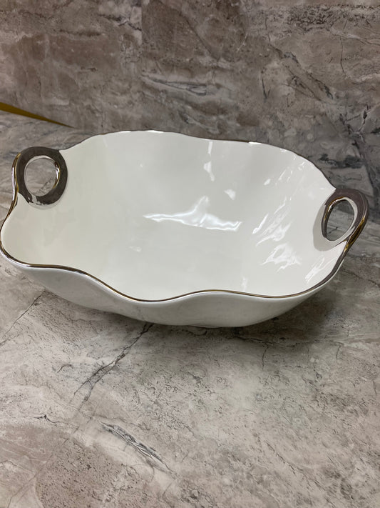 Serving salad dish plate fruits food ,ceramic with silver rim. home decor.