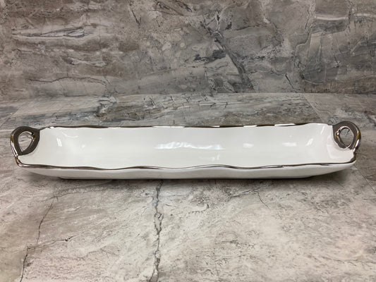 Serving dish tray plate fruits pastry food ,ceramic with silver rim rectangular.