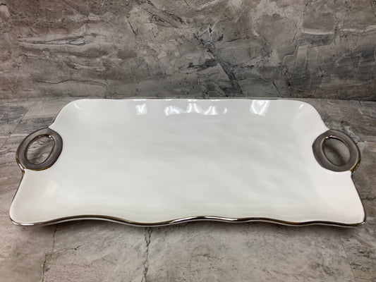 Serving dish tray plate fruits pastry food ,ceramic with silver rim. Rectangular shape.